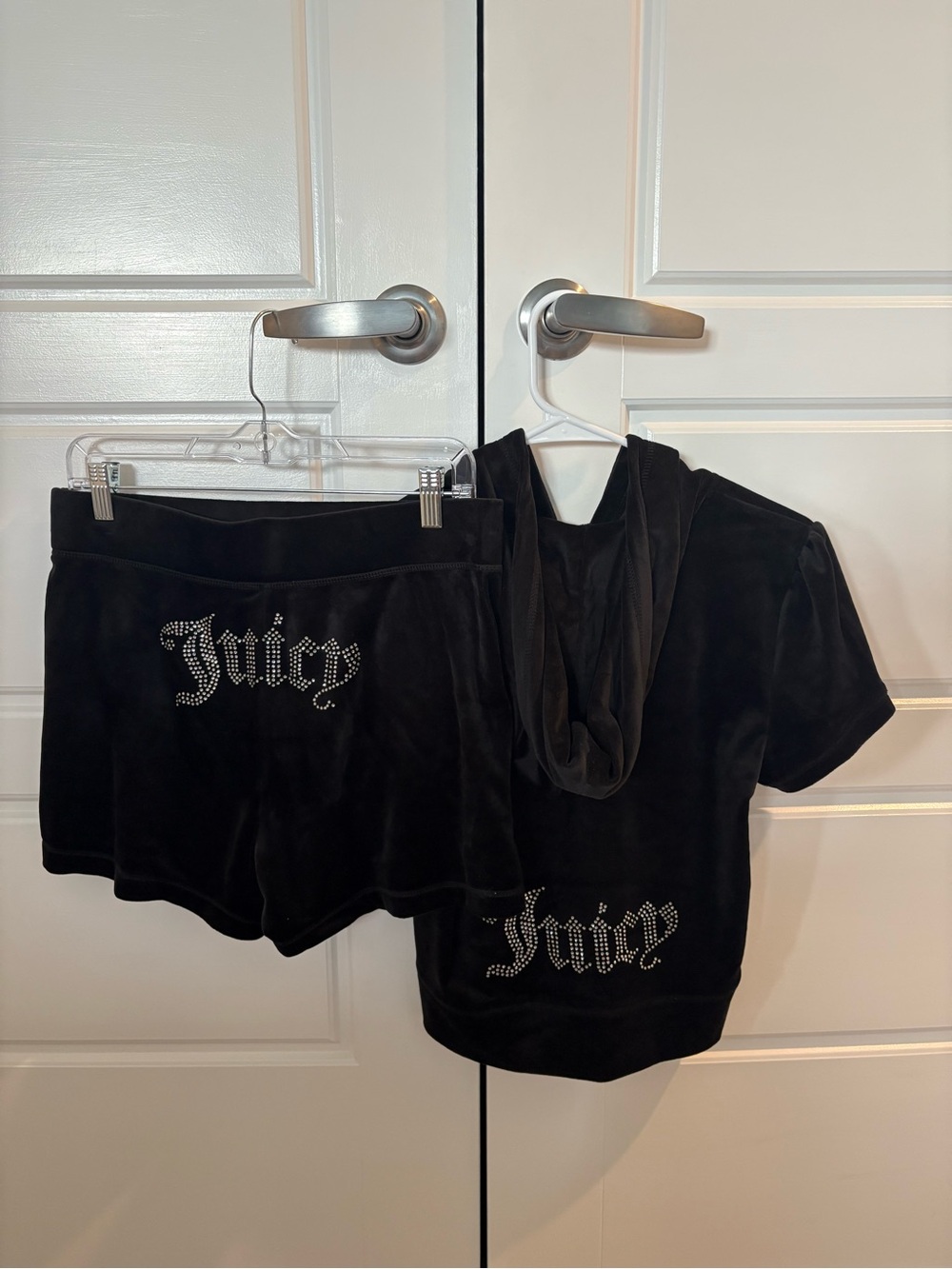 Juicy Couture Black Velour Short Sleeve Hoodie & Shorts Set with Rhinestone Logo